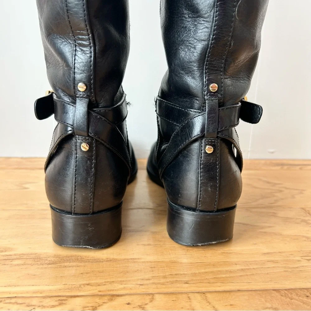 Tory Burch Black Brita Knee High Riding Boot 7 1/2 Signature Gold Metal Trim